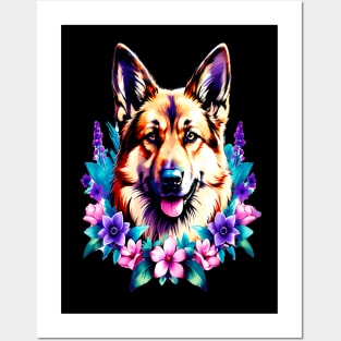 German Shepherd Dog Surrounded by Beautiful Spring Flowers Posters and Art